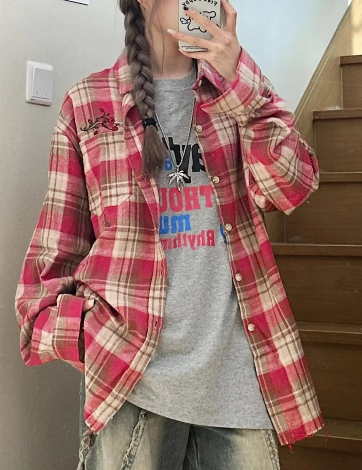 Women's Oversized Button Down Flannel Shirts Long Sleeve Plaid Floral Embroidered Unisex Blouse Top