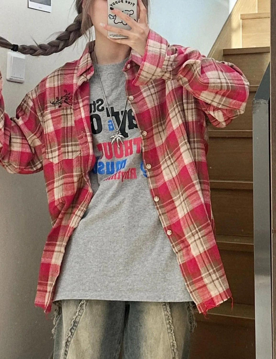 Women's Oversized Button Down Flannel Shirts Long Sleeve Plaid Floral Embroidered Unisex Blouse Top