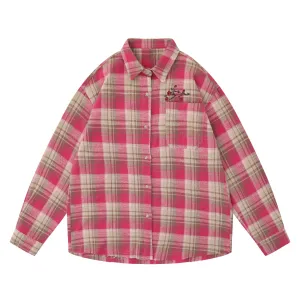 Women's Oversized Button Down Flannel Shirts Long Sleeve Plaid Floral Embroidered Unisex Blouse Top