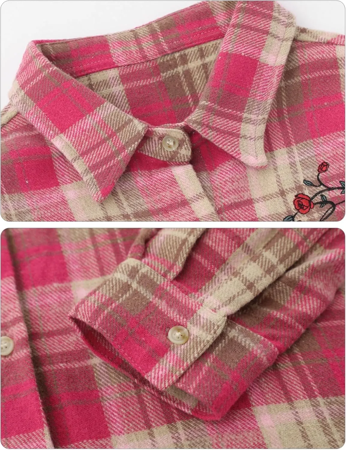 Women's Oversized Button Down Flannel Shirts Long Sleeve Plaid Floral Embroidered Unisex Blouse Top