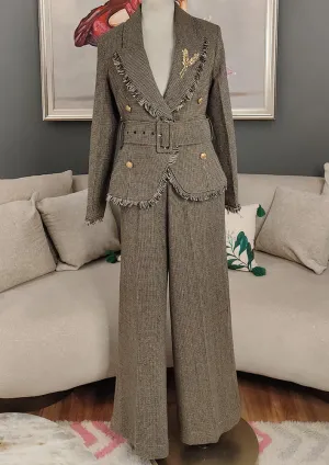 Woolen check print tailored blazer and pants set