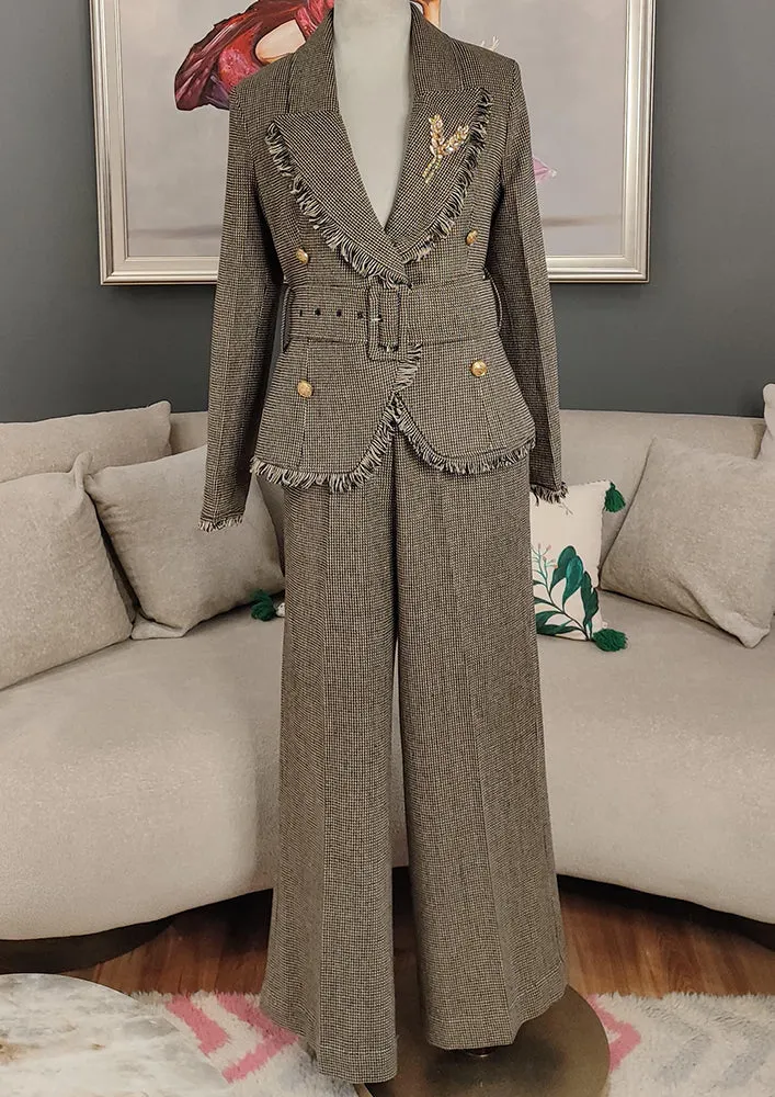 Woolen check print tailored blazer and pants set