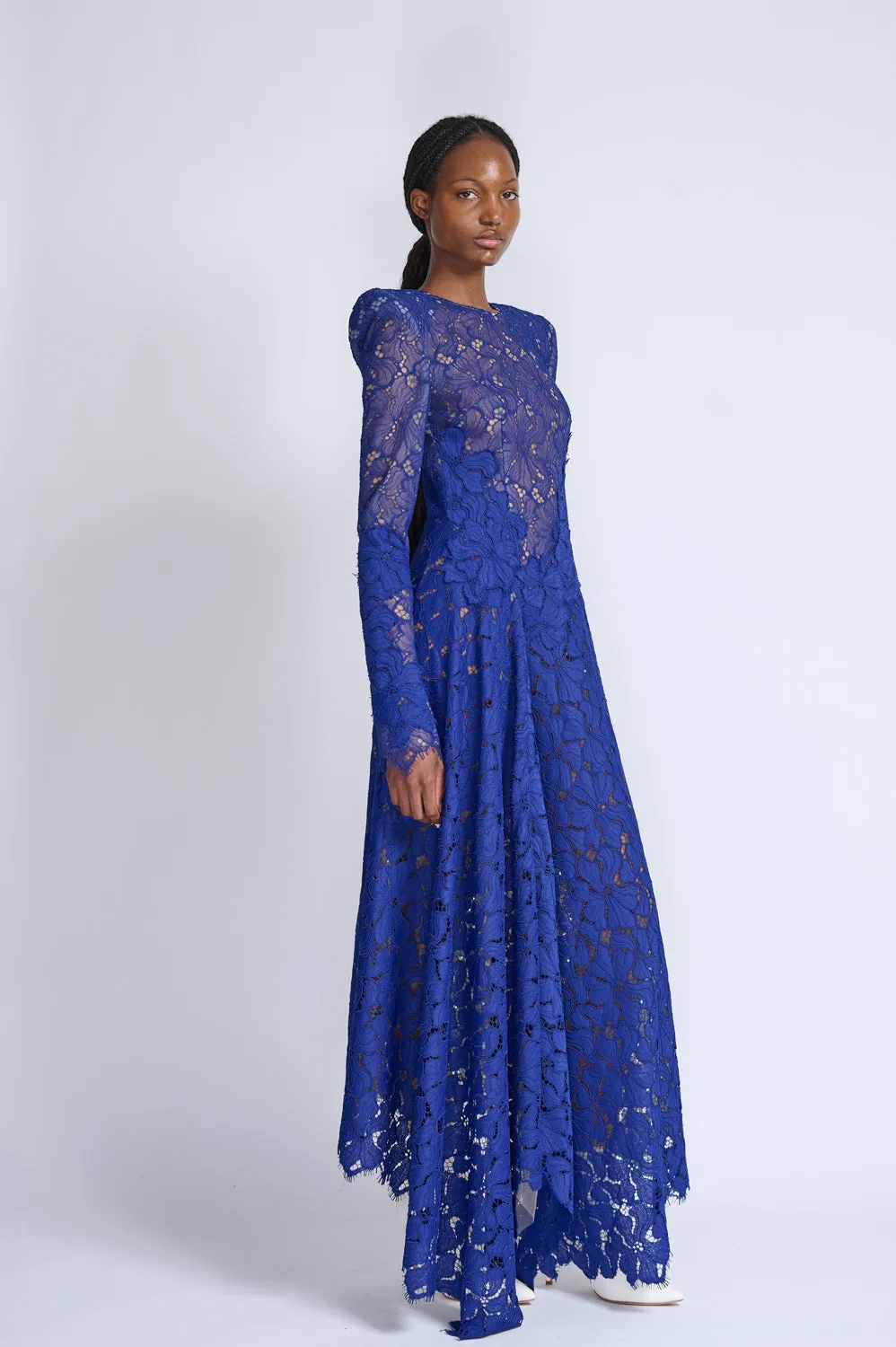 Yves Blue Lace Dress with Asymmetrical Hem